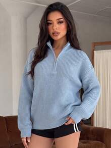 Women's Minimalist Ribbed Solid Color Casual Korean Style Textured Commute Loose Versatile Stand Collar Half-Zip Pullover Long Sleeve Sweater, Autumn - Baby Blue - View 2