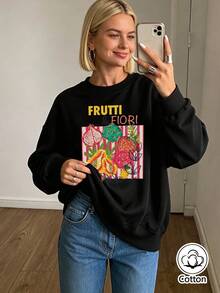 Black Loose Fit Fruit Print Crew Neck Sweatshirt For Young Men & Women, Long Sleeve Street Style Pullover With Ribbed Cuffs & Hem, - Black - View 4