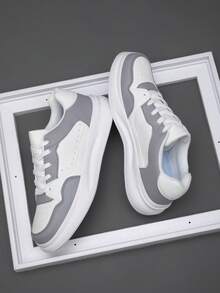 Unisex Fashion Colorblock Sneakers, Layered Patchwork Upper Design, Thick Platform Sole, Suitable For Streetwear And Dating Outings - Grey - View 2