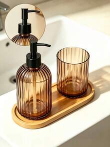 1 Set Soap Dispenser + Toothbrush Holder + Tray 3-In-1 Bathroom Set, Striped Glass Material, Bathroom Accessories Set, Refillable Lotion Dispenser Bottle, Bathroom Decor Accessories - Brown - View 2