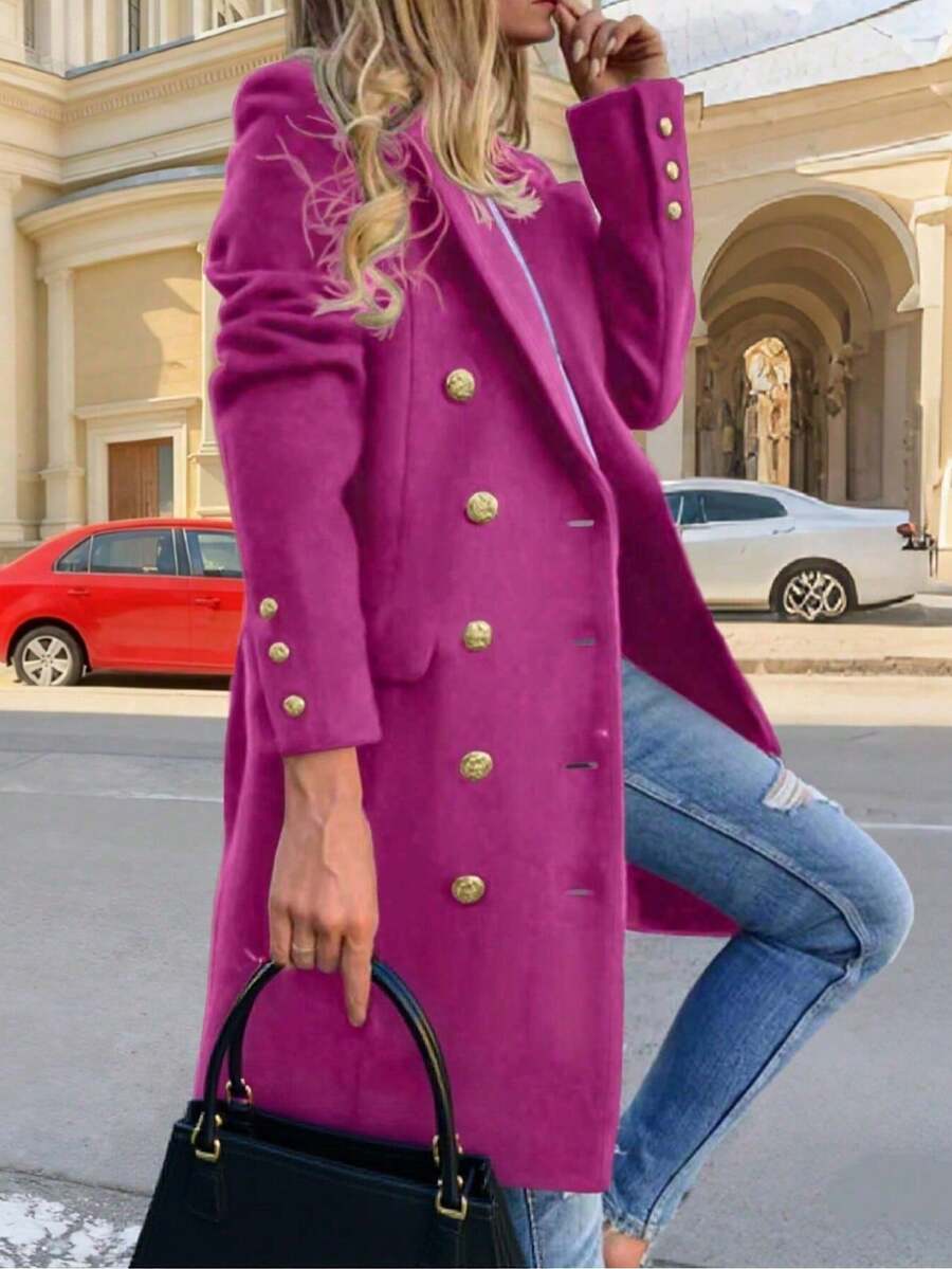 秋冬休閒雙排扣長袖風衣毛料感輕量外套女款修身西裝外套 & 女款優雅海軍藍毛料感大衣 - 玫紅色 - 查看 1