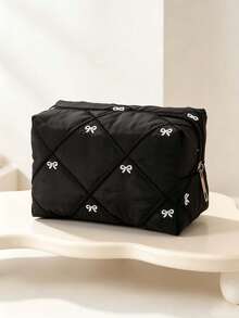 1pc/2pcsChic Style Quilted Cosmetic Pouch, Rectangular Box‑Shaped, Diamond Stitching With Bow Embroidery Detail, Zipper Closure, Cosmetic Storage, Travel Toiletry Bag, Suitable For Daily Makeup Organizing, Weekend Trip, Business Travel, All Season - Multicolor - View 15