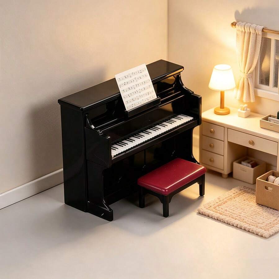 Mini Upright Piano Model With Stool & Sheet Music, Dollhouse Decorative Accessory, Realistic Musical Instrument Ornament For Scene Layout Collection Gift - Multicolor - View 1