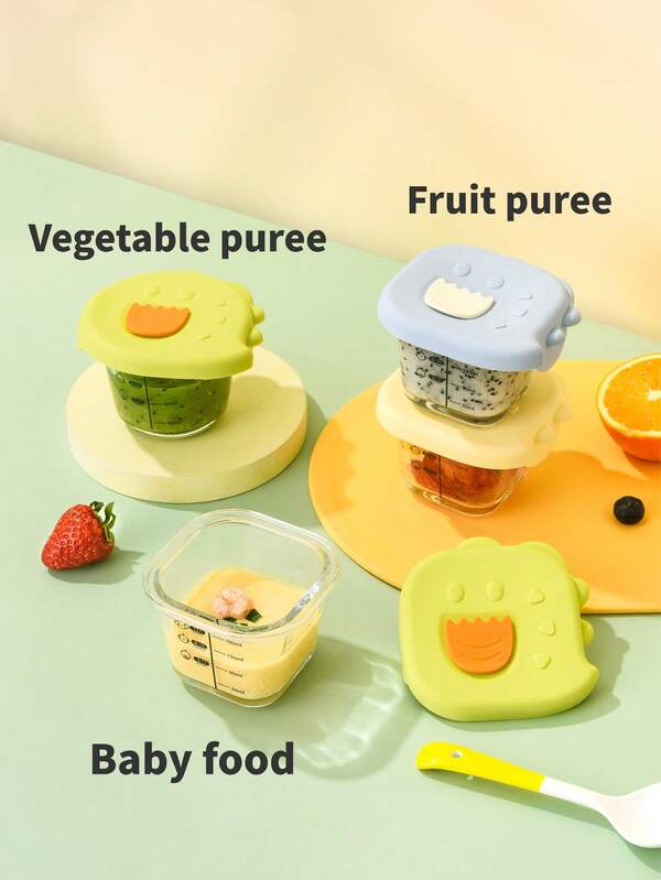 1pc/Cartoon Glass Baby Food Container/Dinosaur Theme Baby Food Container/Food Preservation Container/Fruit Container/Built-In Sealed Lid/Material: High Borosilicate Glass + Silicone/Product Capacity: 230ML