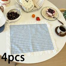 1pc/2pcs/4pcs Korean Style Heart Lace Trim Plaid Placemats, Vintage Checkered Fabric Table Mats, Home Afternoon Tea INS Style Table Decor Mats - Multicolor - View 10