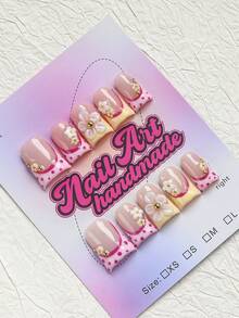 10 piezas de uñas postizas cuadradas con forma de pato hechas a mano, estilo Y2K, nude, amarillo, rosa con lunares, punta francesa, flor 3D blanca y amarilla con decoración dorada, adecuadas para fiestas, baile, uso diario, incluye juego de herramientas, regalo perfecto para mujeres - Multicolor - Ver 2