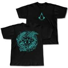 Black Double-Sided Print T Shirt,There Is An Assassin Symbol On The Chest,The Back Is Printed With A Nordic Wolf,Crow,Snake,Rune,Horse Pattern,Viking- - Black - View 7
