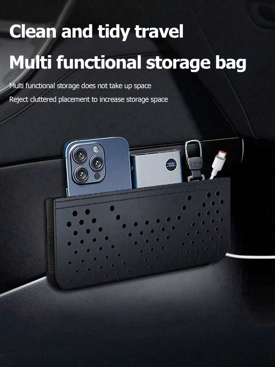 1pc Car Storage Bag, Adhesive Phone Holder, Multi-Functional Mesh Pocket Organizer, Car Storage Box Accessory - A - View 1
