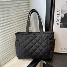 Black Minimalist Quilted Tote Shoulder Bag, Multi-Compartment Side Pocket Design, Lightweight And Soft, Fits Books And Laptop, Suitable For Students, Commuting, Travel, Camping, Casual, Shopping, Fashion Accessory, Travel Backpack Supplies, Backpack Accessories - Multicolor - View 11