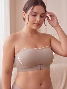 CELILIN Women's Plus Size Strapless Bandeau Bra, Front Closure Wireless Tube Top Bra For Off Shoulder Outfits & Daily Wear - Apricot - View 3