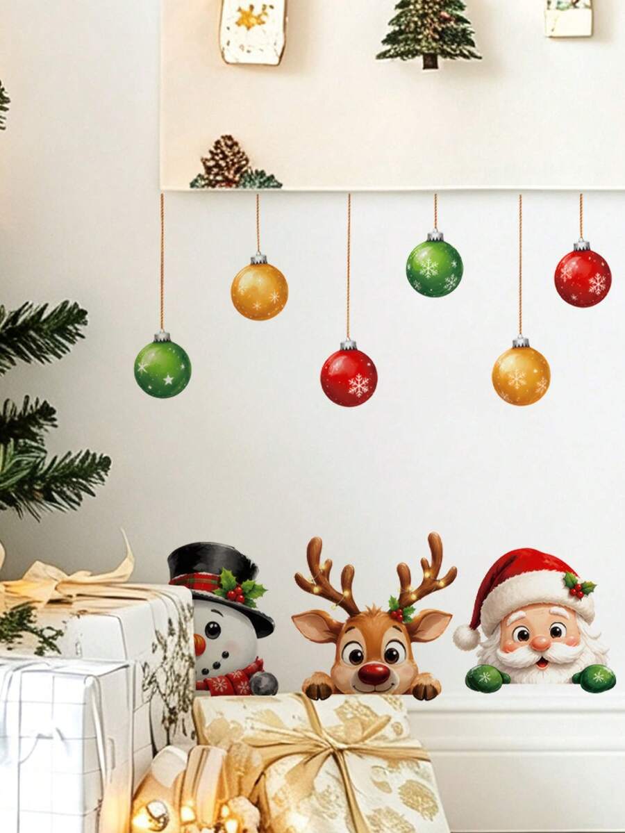 mama look 1pc, Multi-Style, Christmas Decoration Wall Sticker, Santa Claus, Snowman, Reindeer, Gift Box Pattern, PVC Self-Adhesive Removable Wall Sticker, Suitable For Bedroom, Living Room, Kitchen, Dining Room, Bathroom Background Wall, Can Cover Imperfections - Multiple Styles - View 1