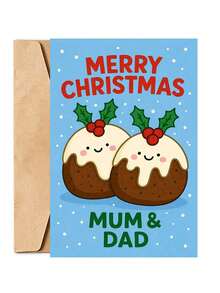 1 Greeting Card + 1 Envelope Adorable Christmas Greeting Card, Cute Pudding Couple Design Merry Christmas, Perfect For Parents, Festive Holiday Cartoon Style Card. - Multicolor - View 7