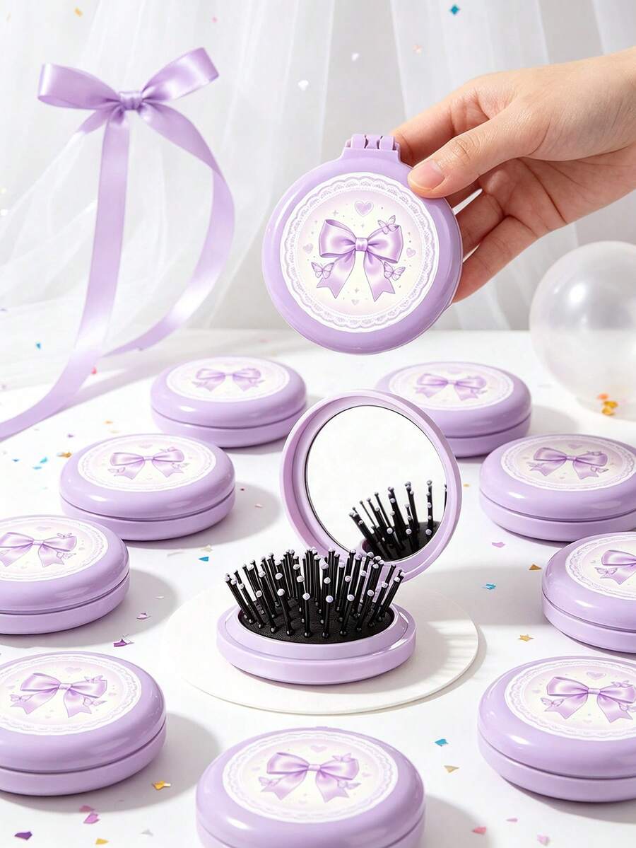 12/6/1pc Purple Lace Bow Print Sticker Style Mini Folding Air Cushion Mirror Comb, Portable Round Hair Brush With Massage Scalp Head, Ideal Party Favor Gift For Gender Reveal Party, Baby Shower Party, Guest Return Gift - Multicolor - View 1