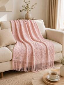 1PC Personalized Custom Name Embroidered Diamond Knit Throw Blanket With Tassel Fringe, 4 Colors Optional, Decorative Piece For Sofa Armchair Living Room, Ideal Holiday Birthday Gift For Family Members - Multicolor - View 3