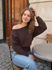 Women Autumn Off Shoulder Knit Tops Long Sleeve Ribbed Cropped Fall Outfits For Women Casual Clothes - Chocolate Brown - View 6