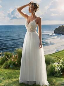 Elasola Floral Embroidered V-Neck Spaghetti Strap Tulle Wedding Dress, White Minimalist Elegant Bridal Gown Spring Fall - White - View 2