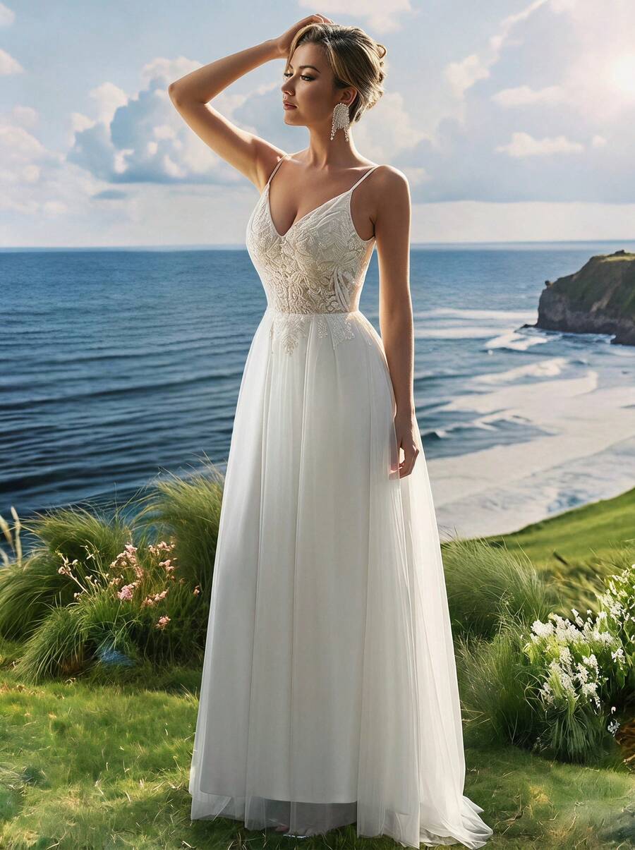 Elasola Floral Embroidered V-Neck Spaghetti Strap Tulle Wedding Dress, White Minimalist Elegant Bridal Gown Spring Fall
