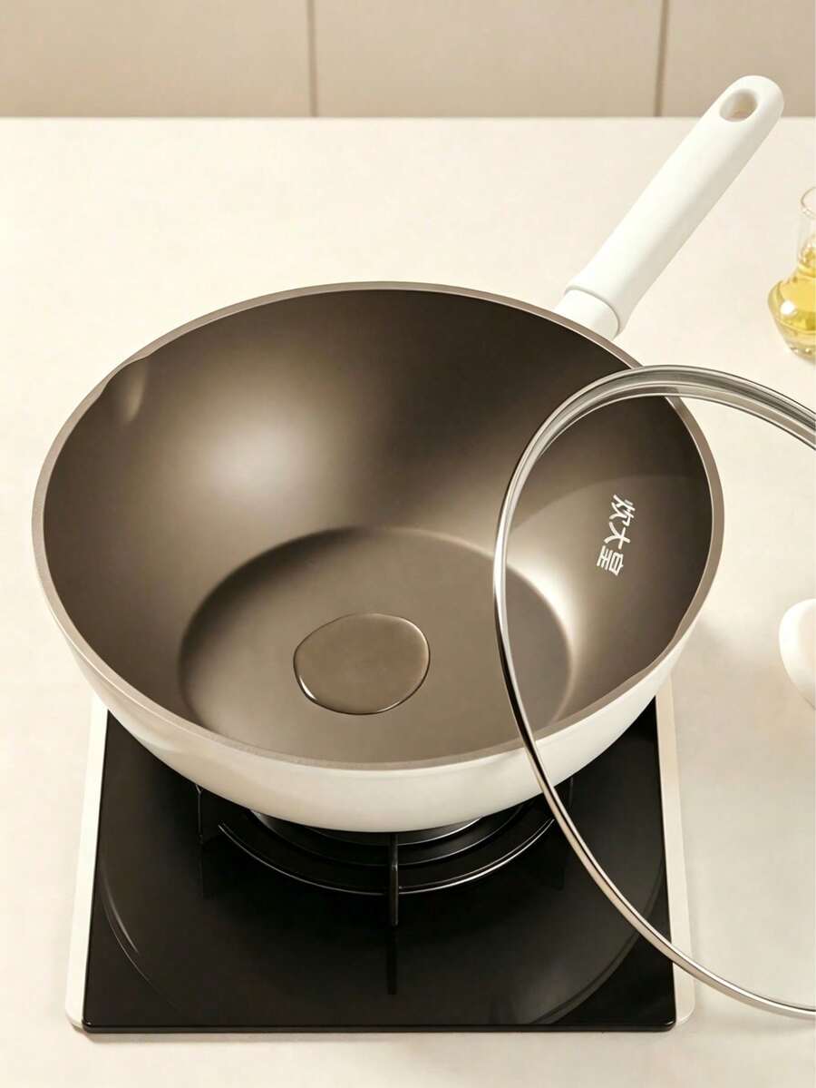 1 Piece Wok, Stylish Appearance And Easy To Clean, Wear-Resistant With Even Heat Conduction, Equipped With A Glass Lid To Prevent Oil Splashing, Compatible With Various Stoves. - View 1