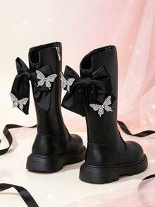 1 Pair Beige Tall Princess Boots With Bow + Rhinestone Butterfly Decor, Elastic Soft Sole With Inner Zipper Design, Luxury Girly Style Long Riding Boots, Suitable For Daily Wear, School, Festivals, Parties, Autumn/Winter New Arrival - Black - View 1