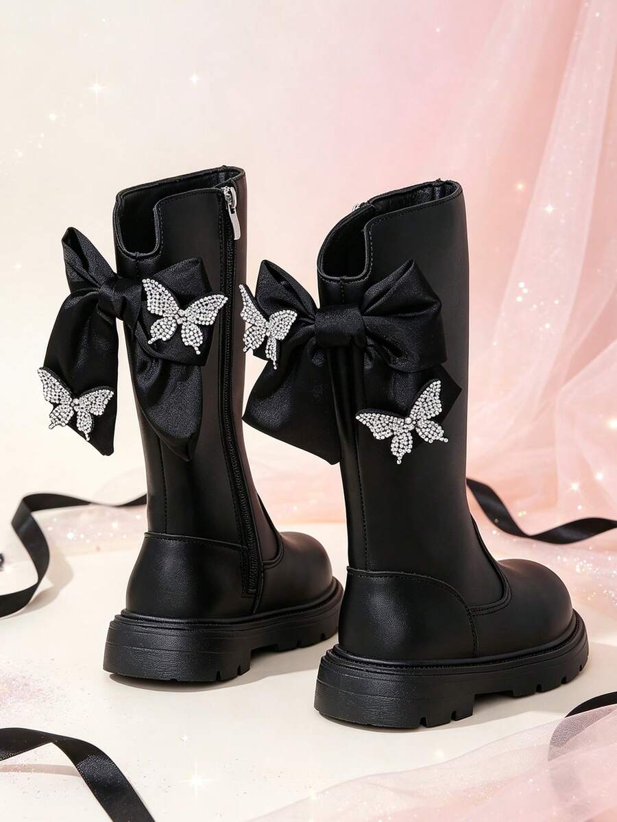 1 Pair Beige Tall Princess Boots With Bow + Rhinestone Butterfly Decor, Elastic Soft Sole With Inner Zipper Design, Luxury Girly Style Long Riding Boots, Suitable For Daily Wear, School, Festivals, Parties, Autumn/Winter New Arrival - Black - View 1