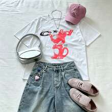 Oversized White T-Shirt Red Cartoon Print Crew Neck Short Sleeve Summer Breathable Cotton Casual Streetwear - White - View 4