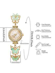 Girl Style Butterfly Decor Bracelet Watch, Full Rhinestone Bezel Gold Thin Chain Quartz Wristwatch, Party Accessory, Gift For Girlfriend (1pc/Set) Watch Box Not Included - Green - View 3