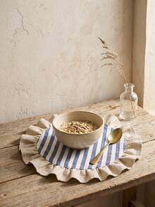 1/2/4/6/12pcs Blue & White Striped Round Placemats, Fresh Natural Style, Fabric Material, Beige Ruffle Edge Detail, Stain-Resistant Tabletop Protection And Decorative Function, Suitable For Daily Tea & Natural Home Decor - Blue - View 3