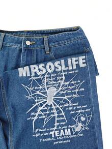 Men's Gothic Spider & Letter Embroidered Wide Leg Jeans, Vintage Washed Loose Fit Denim Pants - Blue - View 6