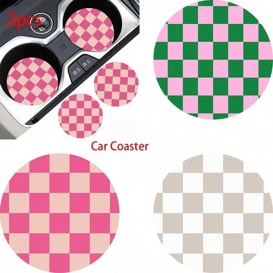 Car Cup Holder Coasters, Checkerboard Pattern Absorbent Ceramic Car Coaster, Non‑Slip Cup Mat Cute Car Interior Decor Accessories For Most Vehicles - Checkered Coaster - View 1
