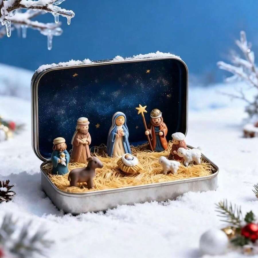 Panini Mini Christmas Nativity Scene Set With Portable Storage Tin, Includes Jesus Figurine, Suitable For Sacred Family Scenes, Handmade Small Christmas Scene Set, Holiday Decor, Gift For Friends, Jesus Christmas Scene Set And Figurine For Christmas Decoration, Resin Small Christmas Scene Figurine And Set, Indoor Christmas Home Decor Gift, Suitable For Desk And Office Use - Random Styles - View 1