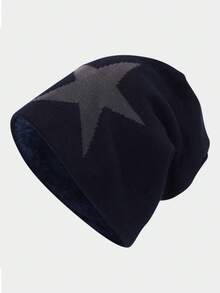 1pc Y2K Vintage Style Knitted Beanie, Men's Pentagram Jacquard Fleece Lined Knit Hat, Suitable For Women And Girls, Retro Streetwear Beanie, Star Embroidery Detail, Loose Elastic Fit, Most Comfortable, Suitable For Autumn/Winter Casual, Outdoor And Streetwear Looks, Unisex - A - View 7