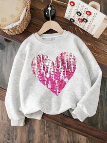 2pcs/Set Suitable For Girls Big Kids Crew Neck Sweatshirt And Cargo Pants Outfit, Printed Heart Sequin Pattern Crew Neck Sweatshirt + Cargo Pants Matching Set, Suitable For Autumn/Winter Daily Wear - Multicolor - View 6