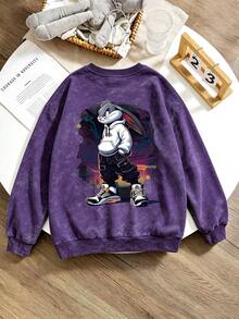 1pc Boys' Round Neck Long Sleeve Sweatshirt, Cartoon Rabbit Print, Playful Design, Comfortable Autumn/Winter New Style Boys' Top - Purple - View 3