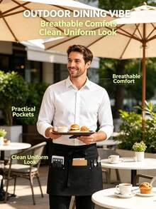 1pc 5-Pocket Server Apron - Rivet Button Unisex Short/Half-Waist Apron, Suitable For Coffee Shop, Restaurant, Kitchen And Home Use - Multicolor - View 3