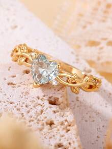 1pc Fashion New Pink Heart-Shaped Cubic Zirconia Inlaid Ring, Women's Engagement Jewelry, Suitable For Men And Women, Gift For Family/Friends/Lovers/Valentine's Day - Gold - View 1