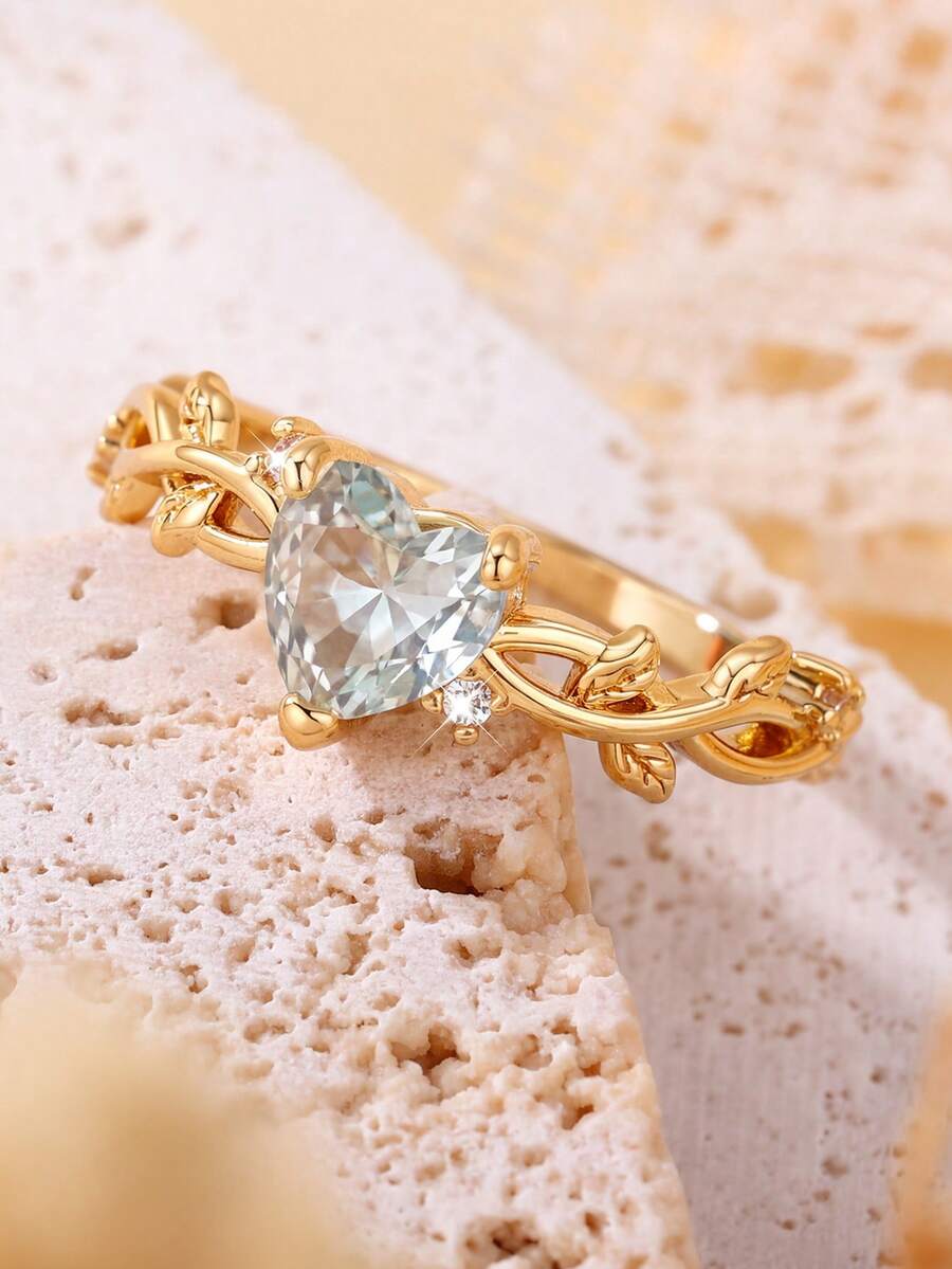 1pc Fashion New Pink Heart-Shaped Cubic Zirconia Inlaid Ring, Women's Engagement Jewelry, Suitable For Men And Women, Gift For Family/Friends/Lovers/Valentine's Day - Gold - View 1