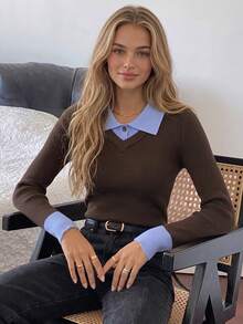 Sweater Pullover Rajut Bergaris Gaya Kampus Wanita, Kerah dan Manset Warna Kontras, Lengan Panjang Leher V, Cocok untuk Musim Gugur - Coffee Brown - View 8