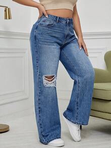 Plus Size Women's Casual Straight Leg Jeans, Distressed Design, Everyday Wear, Elegant Y2K Style, Suitable For Autumn/Winter - Blue - View 4