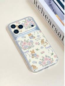 1pc Transparent Pink & Blue Floral Rabbit Pattern Full Coverage Lens Protection Anti-Drop Anti-Collision Personalized Phone Case Compatible With IPhone 16 Pro Max/17/16/15/14/13/12/11/Air - Multicolor - View 4