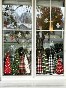 Plaid Buffalo Check Static Window Cling, Suitable For Christmas Tree, Snowflake And Star Decoration, Reusable PVC Film, Asymmetrical Shape, Suitable For Glass Door, Cafe, Farmhouse Country Style Winter Christmas Decor - Multicolor - View 4