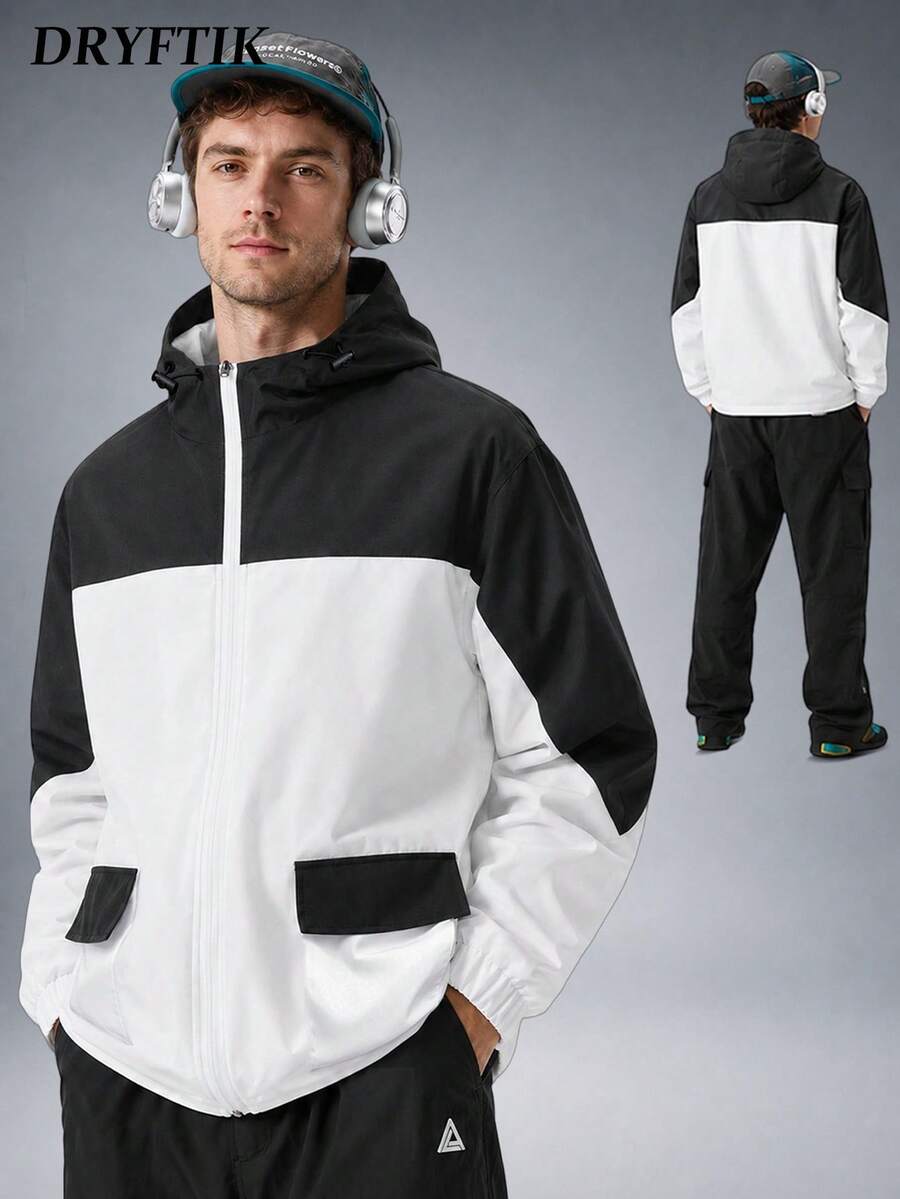 Men's Colorblock Outdoor Style Hooded Jacket, Contrast Patchwork Design, Durable Windproof Woven Fabric, Smooth Zipper Closure, Elastic Cuffs And Hem, Street Sports Commute Versatile Style - Black - View 1