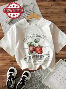 Strawberry Pattern T Shirt Women's 100%Pure Cotton White Short-Sleeved Shirt,Casual Retro Farm Print Summer Shirt,Unisex Soft Washable Vacation And Ev - White - View 7