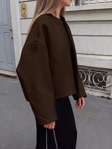 Basic Minimalist Commute Daily Date Old Money Style Minimalist Round Neck Loose Long Sleeve Wool Short Jacket Autumn/Winter Women's Outerwear, Winter, Women's Winter Clothes, Women's Winter Coat - Brown - View 4