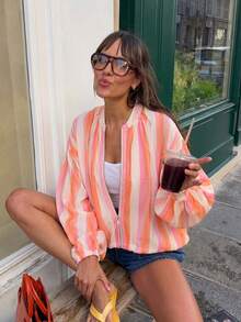 GMFP Women's Multi-Color Vertical Striped Stand Collar Short Zip-Up Jacket, Contrast Color Design Casual Vacation Style Top - Orange - View 5