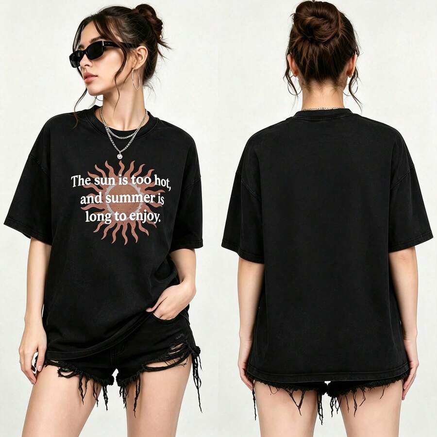 Women's Loose-Fit Short-Sleeve T-Shirt, Retro Y2K Street Style, Summer Letter Graphic Print, Casual Top For Everyday Outings And Summer Days. - Black - View 1