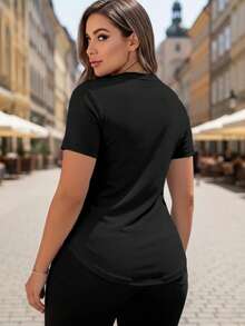 Women's Knit Short Sleeve V-Neck Regular Hem Top With Buttons - Black - View 3