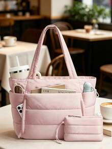 Tote Bag With Multiple Compartments And External Pockets, Excellent Storage Capacity, Comes With Matching Small Pouch, Zipper Closure, Minimalist Casual Style, Tote Handbag, Suitable For Commuting, School, Travel And Other Scenarios, Balancing Practicality And Style - Pink - View 6