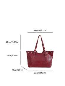 1pc Women's Solid Color PU Shoulder Tote Bag, Large Capacity, European And American Minimalist Style, Suitable For Commuting, Shopping, Gift Giving - Burgundy - View 3