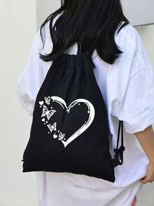 New Canvas Drawstring Bucket Bag One Shoulder Shopping Student Backpack - Black - View 9