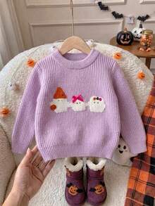 女童可愛蝴蝶結幽靈刺繡針織套頭毛衣，適合萬聖節、春季、秋季、冬季 - 紫色 - 查看 5